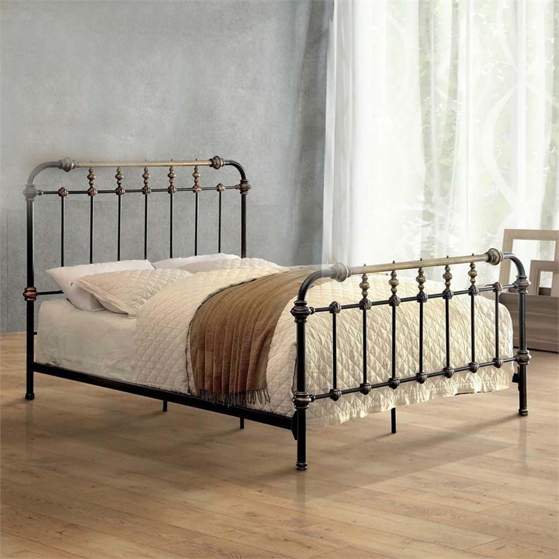 Bowery Hill Metal Eastern King Bed with Gold Accent in Black