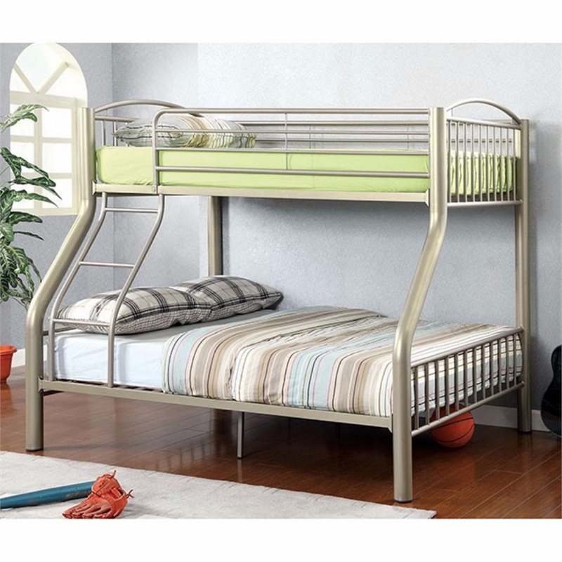 Bowery Hill Metal Twin Full Bunk Bed with Ladder and Guardrails in Gold