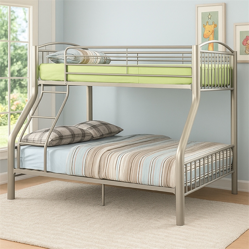 Bowery Hill Metal Twin Full Bunk Bed with Ladder and Guardrails in Gold