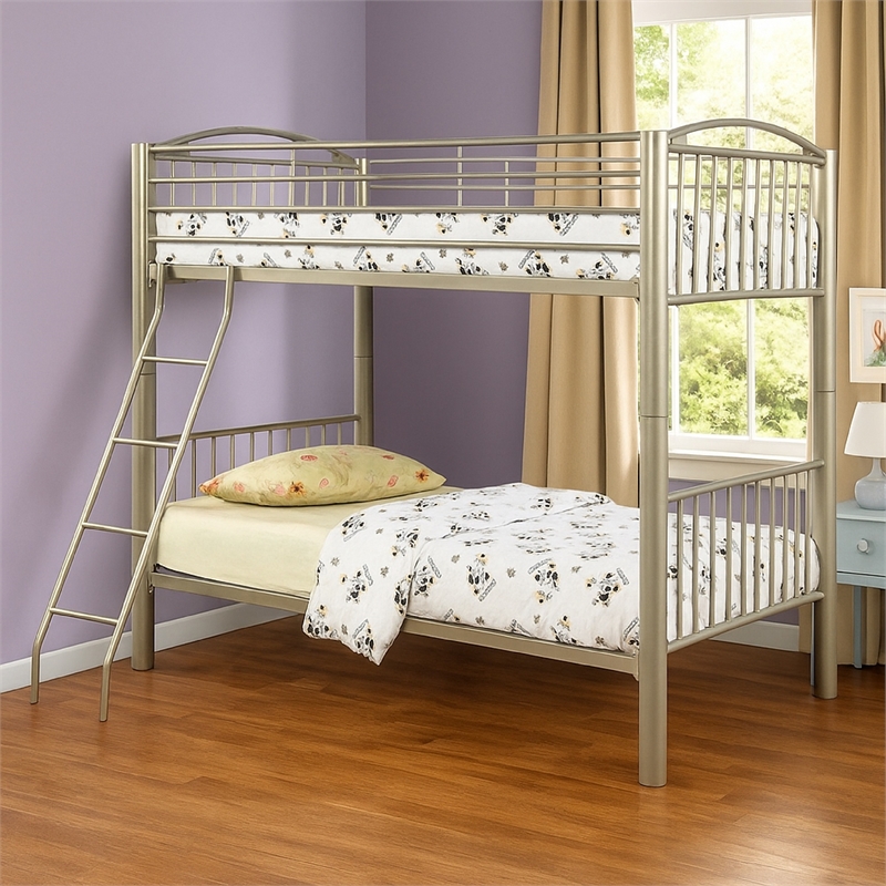 Bowery Hill Metallic Twin Twin Bunk Bed with Ladder and Guardrails in Gold