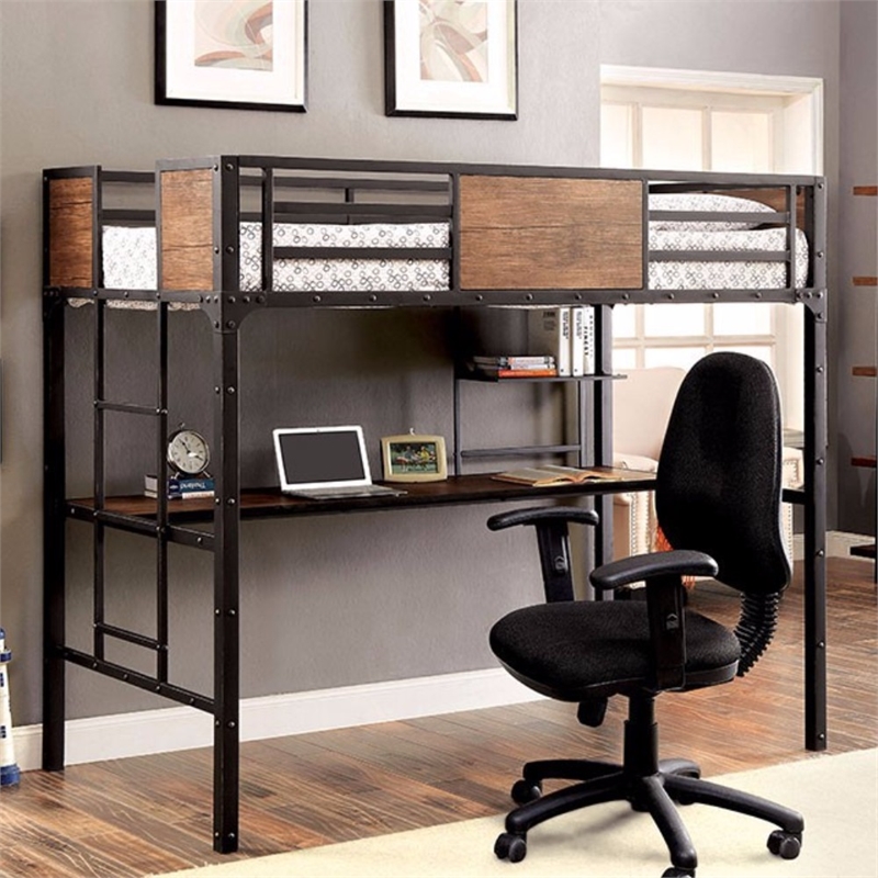 Bowery Hill Wooden and Metal Twin Size Bunk Bed with Workstation in Black