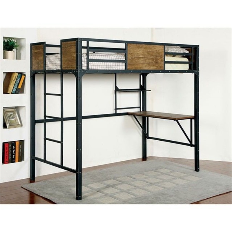 Bowery Hill Wooden and Metal Twin Size Bunk Bed with Workstation in Black