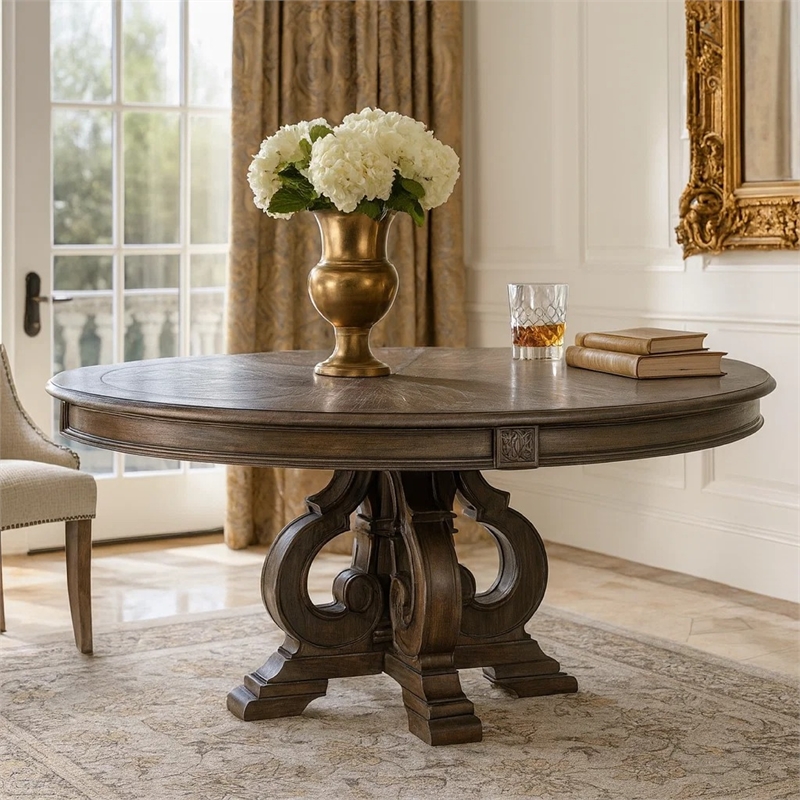 Bowery Hill Solid Wood Round Dining Table with Pedestal Base in Brown