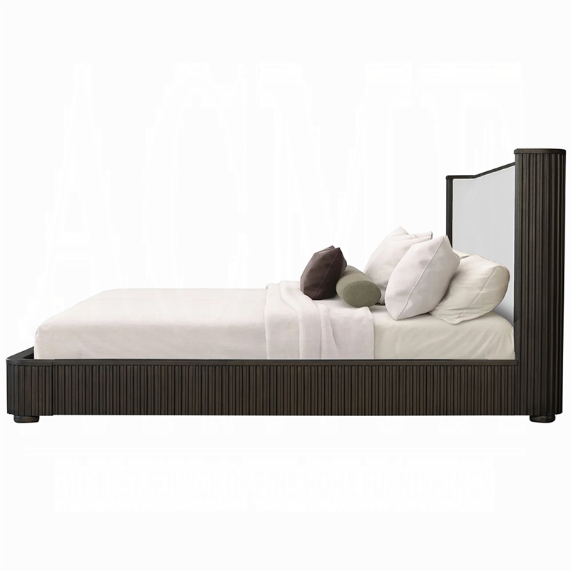 Bowery Hill Queen Size Bed White Upholstered Espresso Brown Ribbed Details
