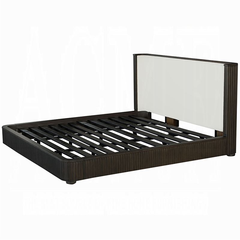 Bowery Hill King Size Bed White Upholstered Espresso Brown Ribbed Details