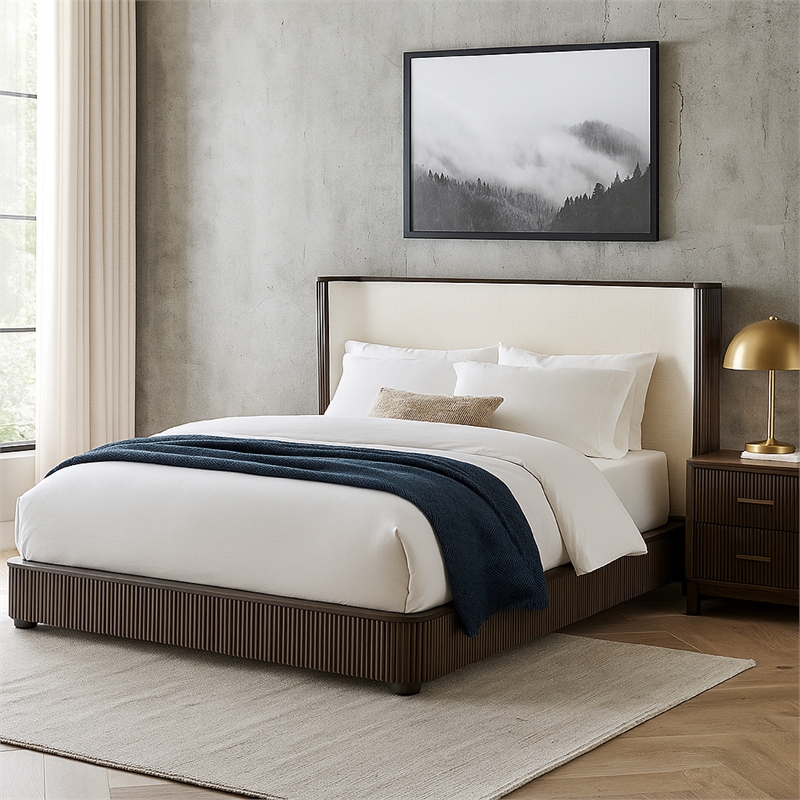 Bowery Hill King Size Bed White Upholstered Espresso Brown Ribbed Details