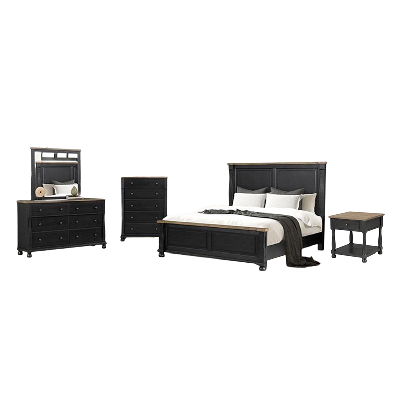 Bowery Hill 5 Piece Queen Bedroom Set USB Bedside Table in Black Oak Brown