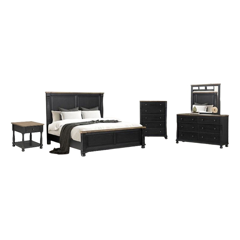 Bowery Hill 5 Piece Queen Bedroom Set USB Bedside Table in Black Oak Brown
