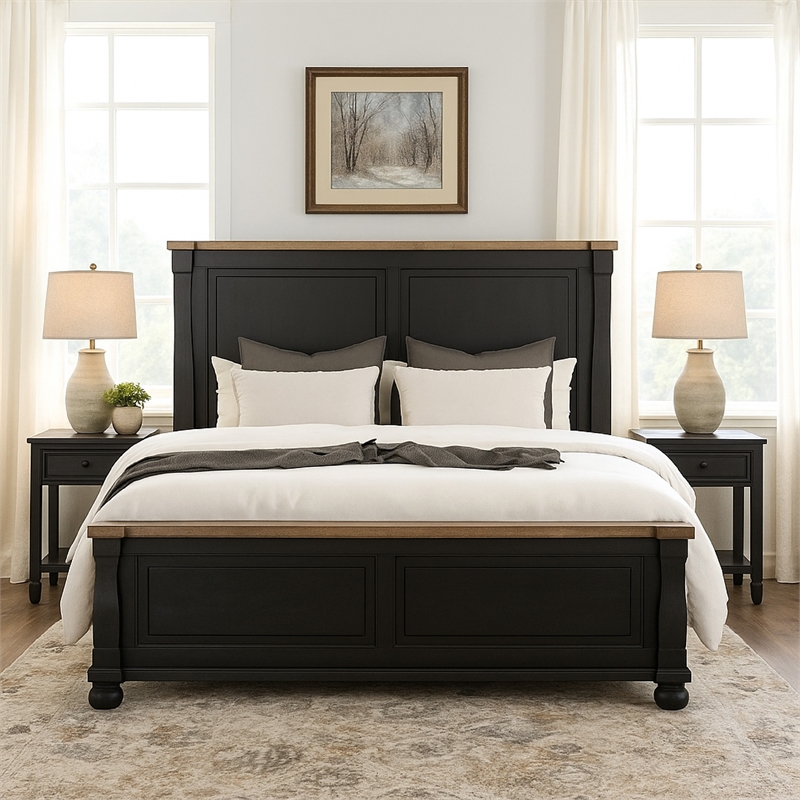 Bowery Hill King Bed Tall Headboard Farmhouse Legs in Black and Oak Brown