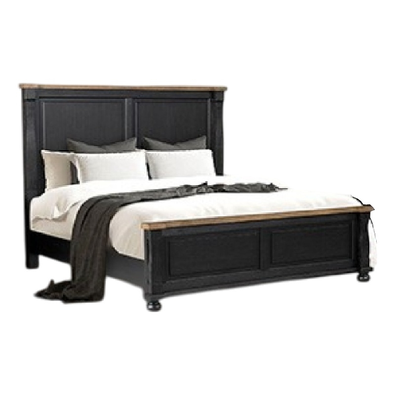 Bowery Hill King Bed Tall Headboard Farmhouse Legs in Black and Oak Brown