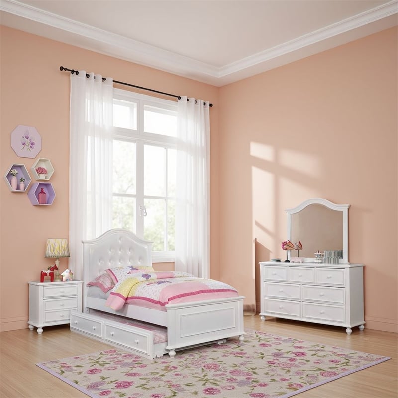 Bowery Hill 3 Piece Full Size Kids Bedroom Set Tufted Headboard in White