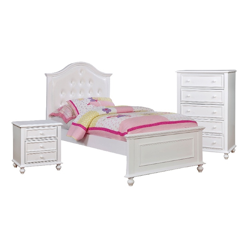 Bowery Hill 3 Piece Full Size Kids Bedroom Set Tufted Headboard in White
