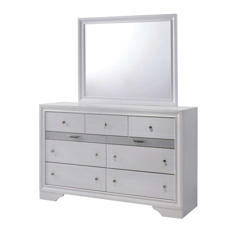 Bowery Hill 4 Piece King Bedroom Set Panel Design Silver Accents in White