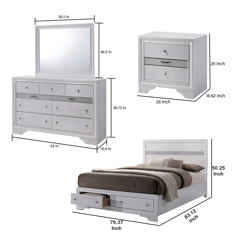Bowery Hill 4 Piece King Bedroom Set Panel Design Silver Accents in White