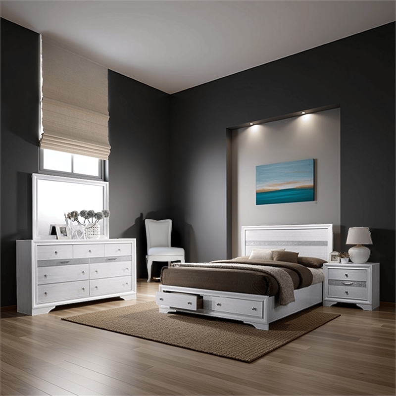 Bowery Hill 4 Piece King Bedroom Set Panel Design Silver Accents in White