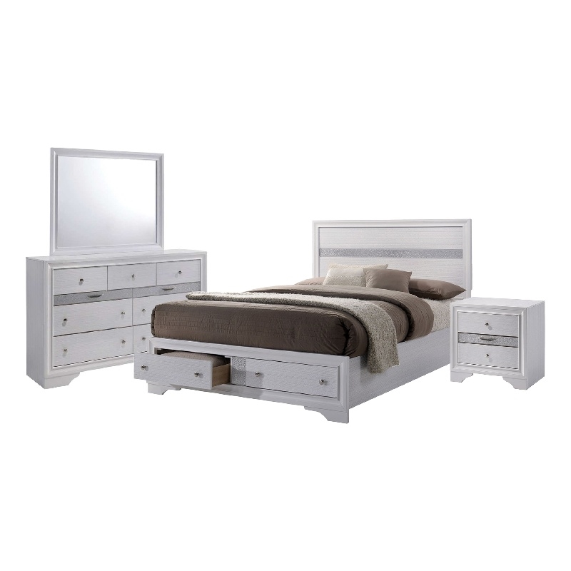 Bowery Hill 4 Piece King Bedroom Set Panel Design Silver Accents in White