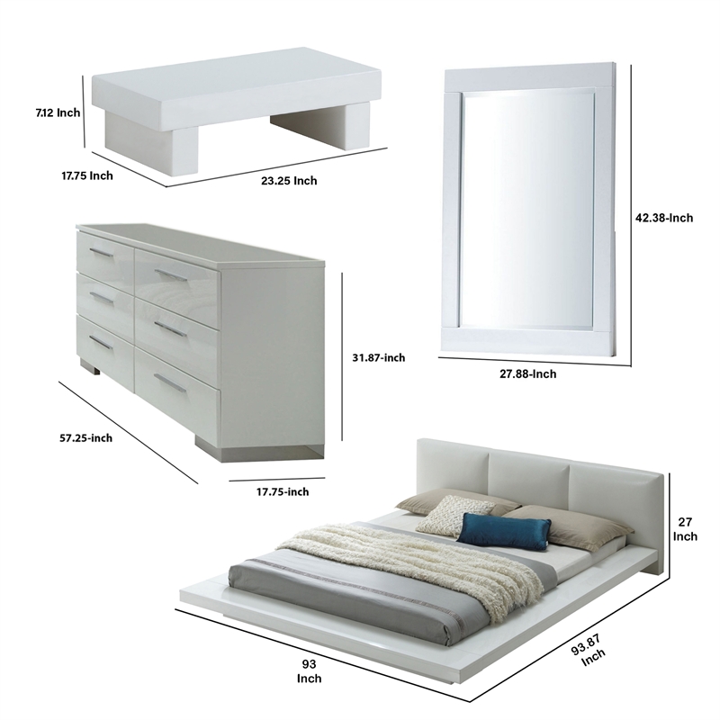 Bowery Hill 4 Piece King Size Bedroom Set Leatherette Padding in White