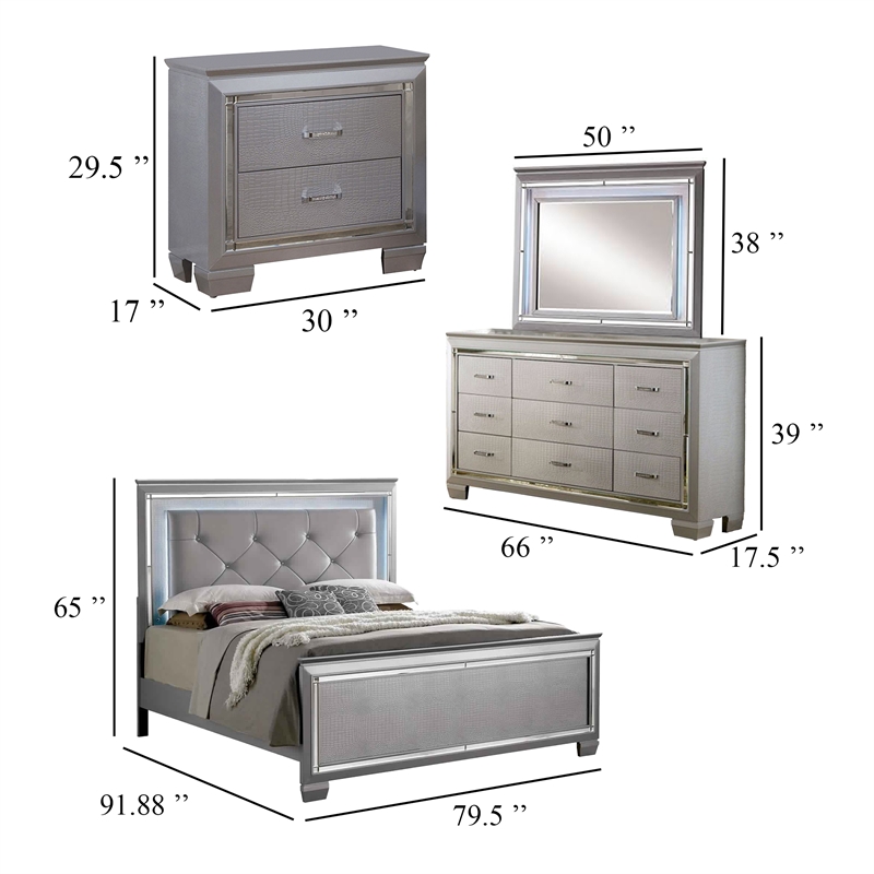 Bowery Hill 4 Piece California King Bedroom Set LED Mirror Trim in Silver