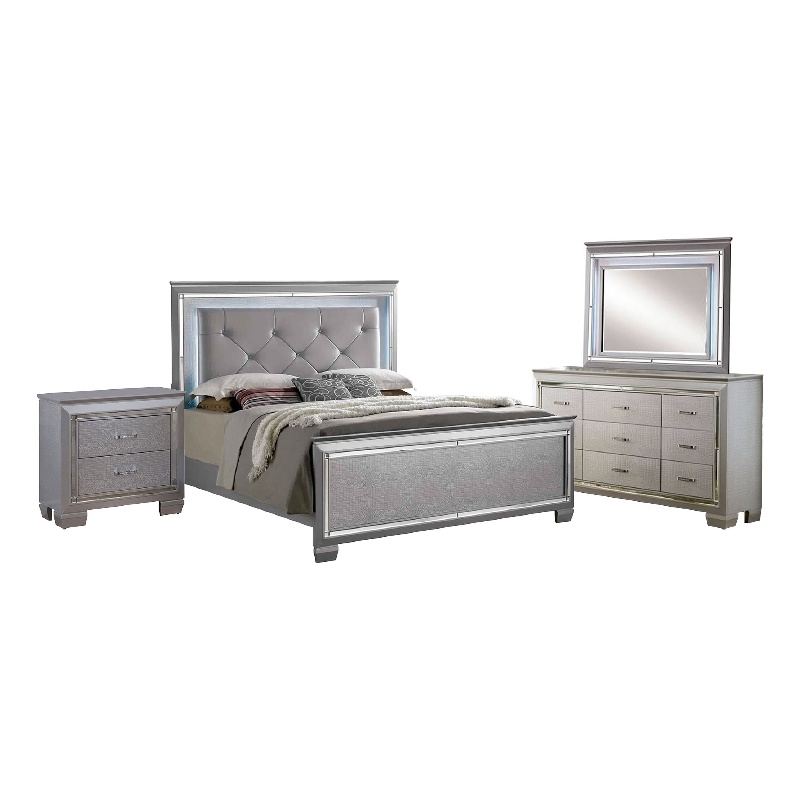Bowery Hill 4 Piece California King Bedroom Set LED Mirror Trim in Silver
