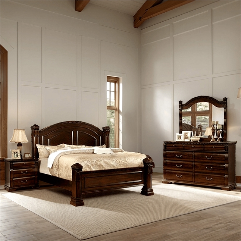 Bowery Hill 4 Piece King Bedroom Set Trim Post in Cherry Brown Wood