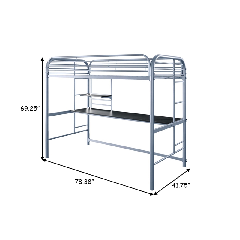 Bowery Hill Metal Frame Twin Size Loft Bed with 2 Ladders in Silver