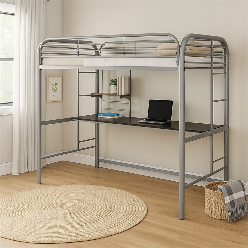 Bowery Hill Metal Frame Twin Size Loft Bed with 2 Ladders in Silver
