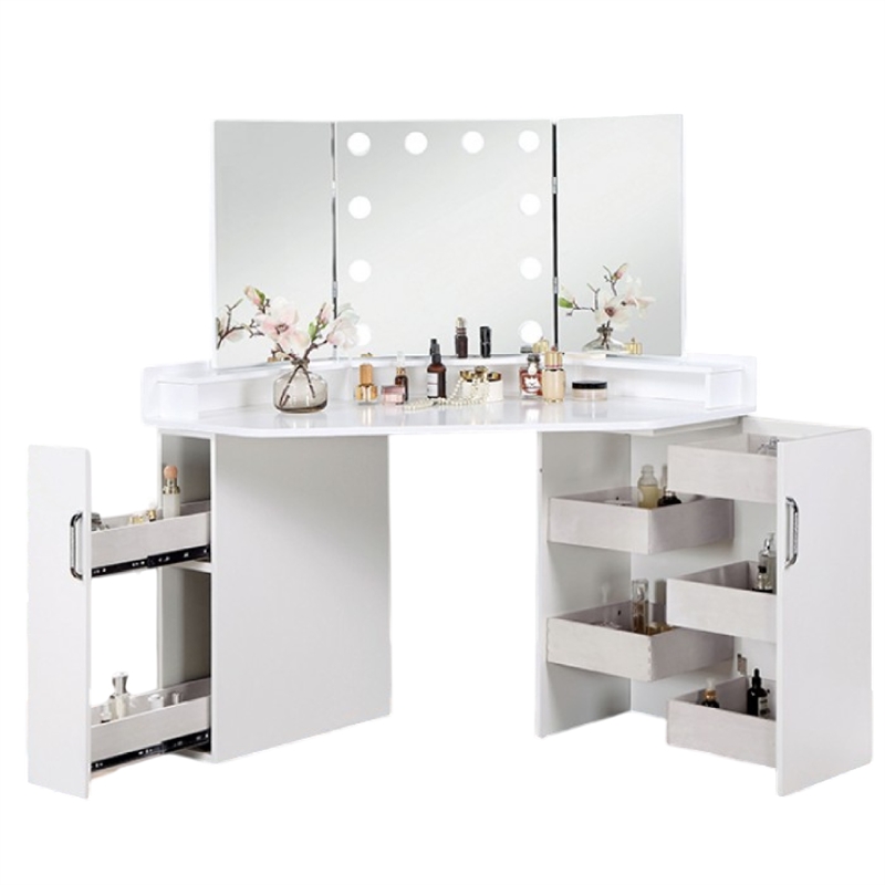 Bowery Hill Vanity Desk Set 3 Panel Mirror 10 Light Bulbs in White Wood