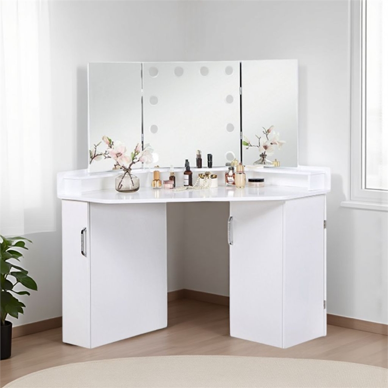 Bowery Hill Vanity Desk Set 3 Panel Mirror 10 Light Bulbs in White Wood