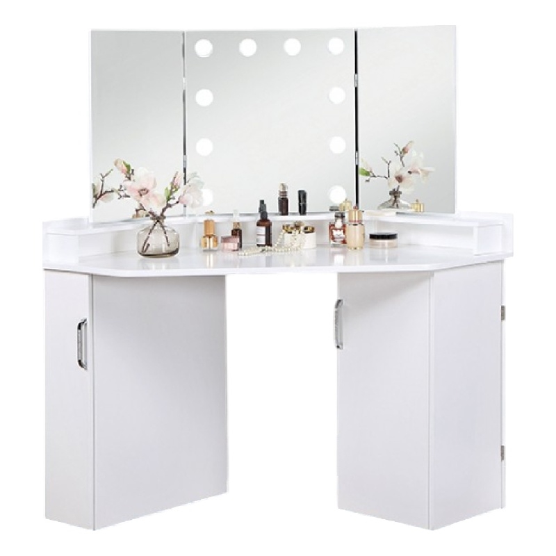 Bowery Hill Vanity Desk Set 3 Panel Mirror 10 Light Bulbs in White Wood