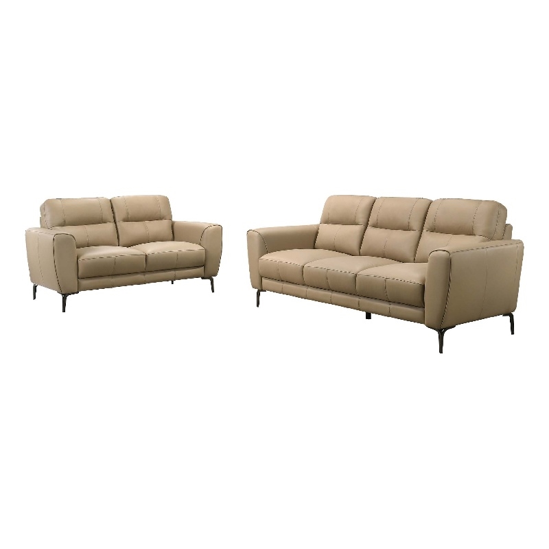 Bowery Hill 2 Piece Sofa and Loveseat Set in Light Beige Full Leather