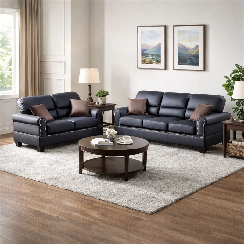 Bowery Hill Bonded Leather 2 Piece Sofa Set with Pillows in Black