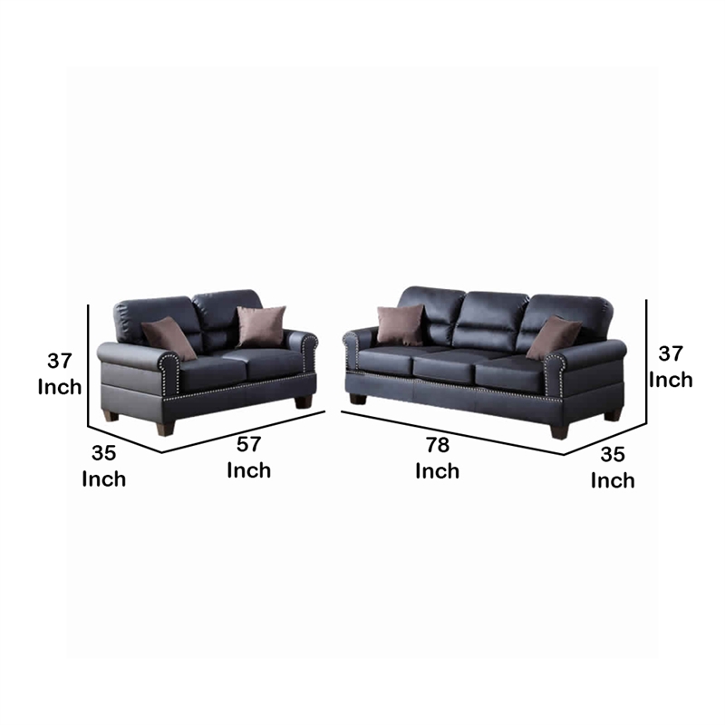 Bowery Hill Bonded Leather 2 Piece Sofa Set with Pillows in Black