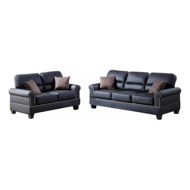 Bowery Hill Bonded Leather 2 Piece Sofa Set with Pillows in Black