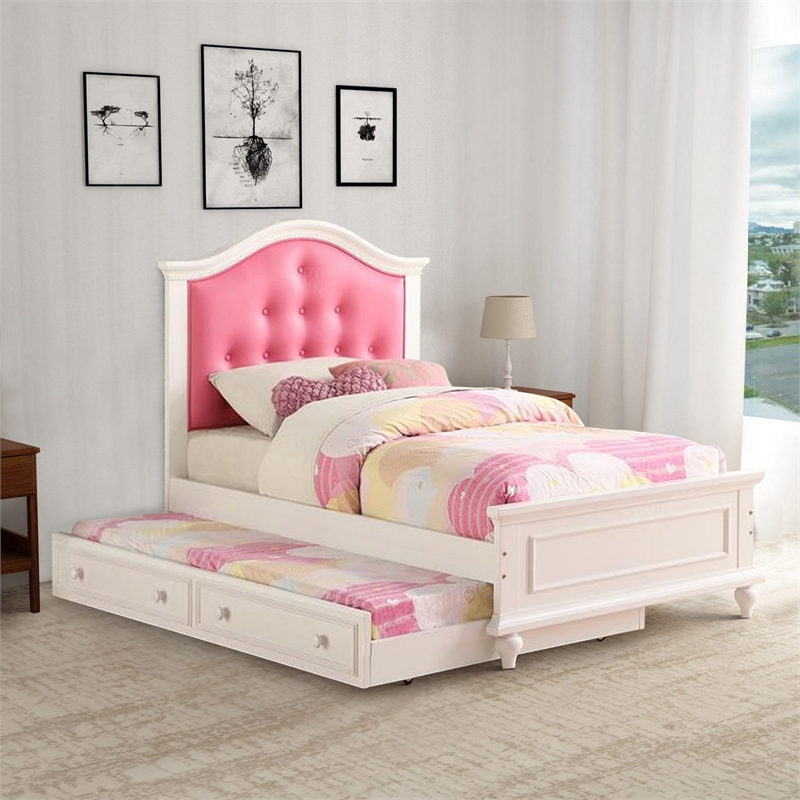 Bowery Hill Twin Bed with Trundle and Tufted Headboard in Pink and White