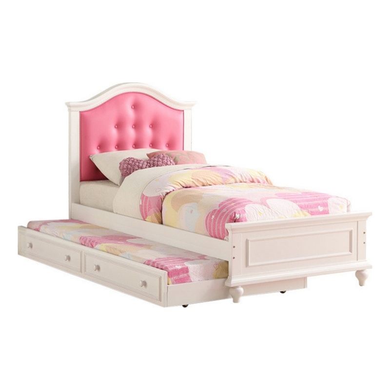 Bowery Hill Twin Bed with Trundle and Tufted Headboard in Pink and White