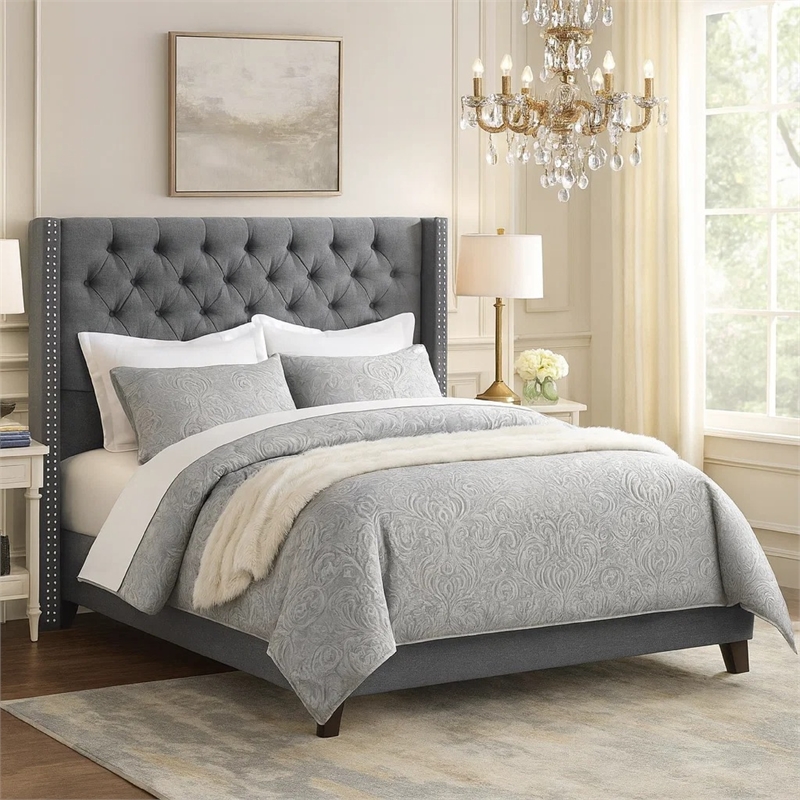 Bowery Hill Polyfiber Queen Size Bed with Nailhead Trim in Blue Gray