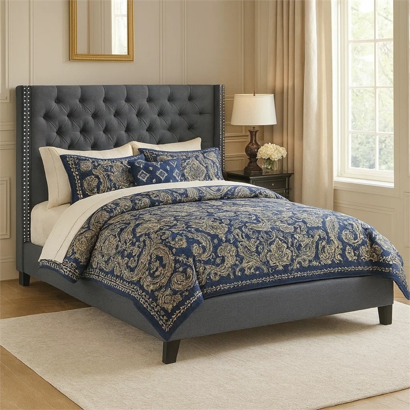 Bowery Hill Polyfiber Queen Size Bed with Nailhead Trim in Blue Gray