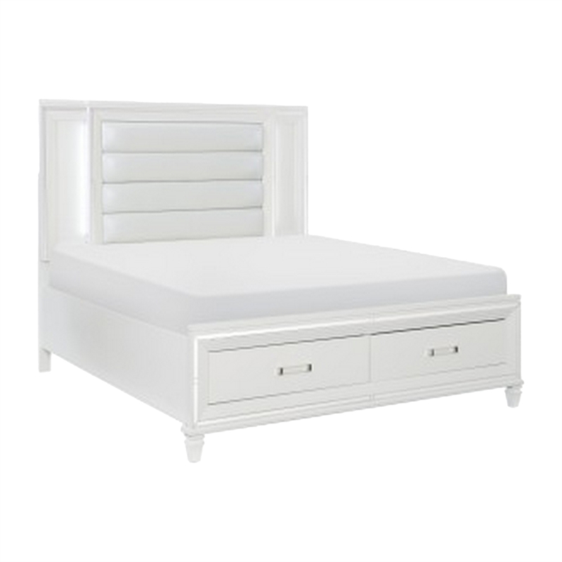 Bowery Hill 4 Piece Queen Storage Bedroom Set LED Accents in White Metallic
