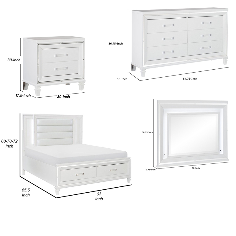 Bowery Hill 4 Piece Queen Storage Bedroom Set LED Accents in White Metallic