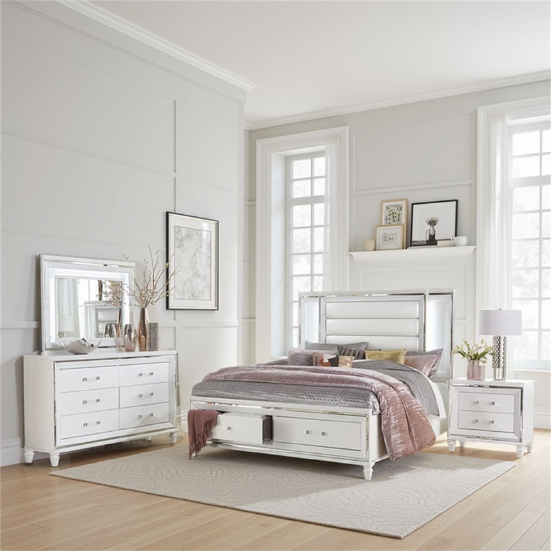 Bowery Hill 4 Piece Queen Storage Bedroom Set LED Accents in White Metallic