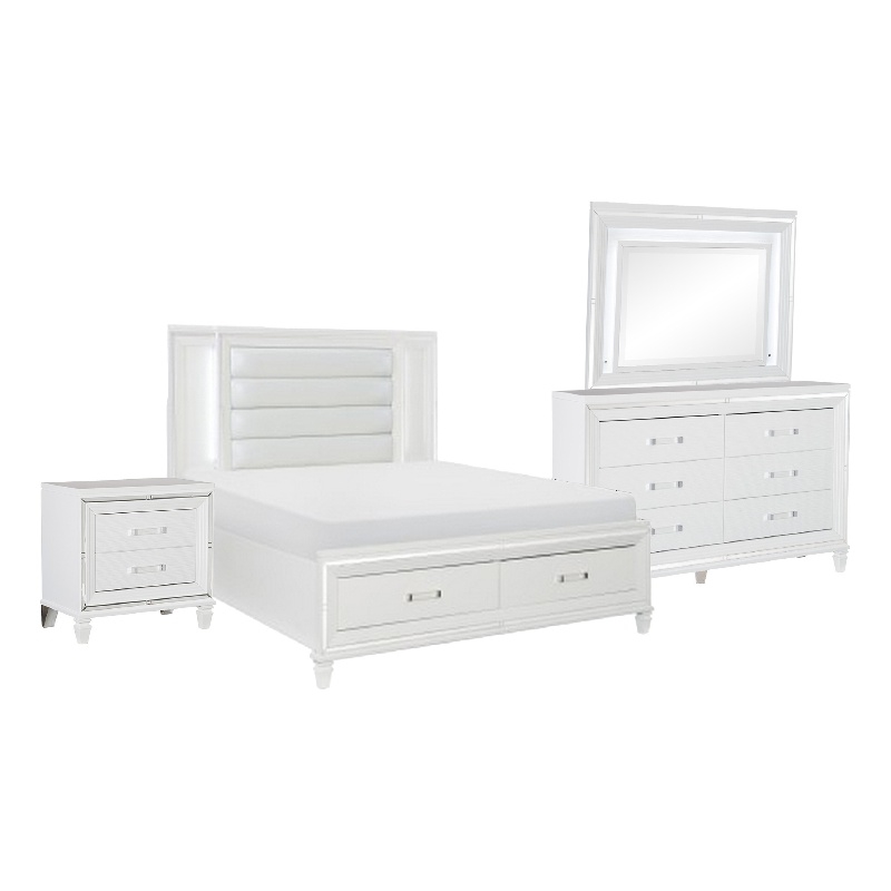 Bowery Hill 4 Piece Queen Storage Bedroom Set LED Accents in White Metallic