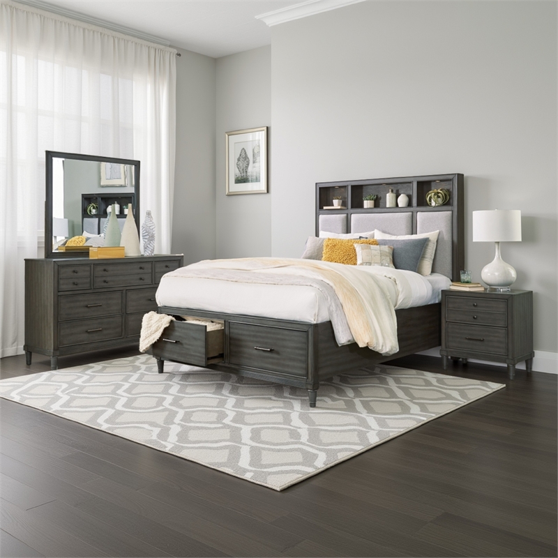 Bowery Hill 4 Piece Queen Storage Bedroom Set LED USB Ports in Warm Gray