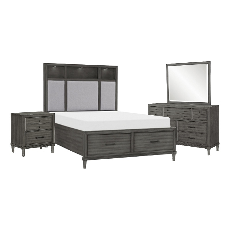 Bowery Hill 4 Piece Queen Storage Bedroom Set LED USB Ports in Warm Gray