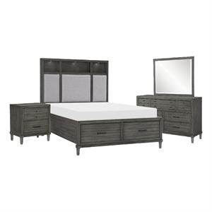 Bowery Hill 4 Piece Queen Storage Bedroom Set LED USB Ports in Warm Gray