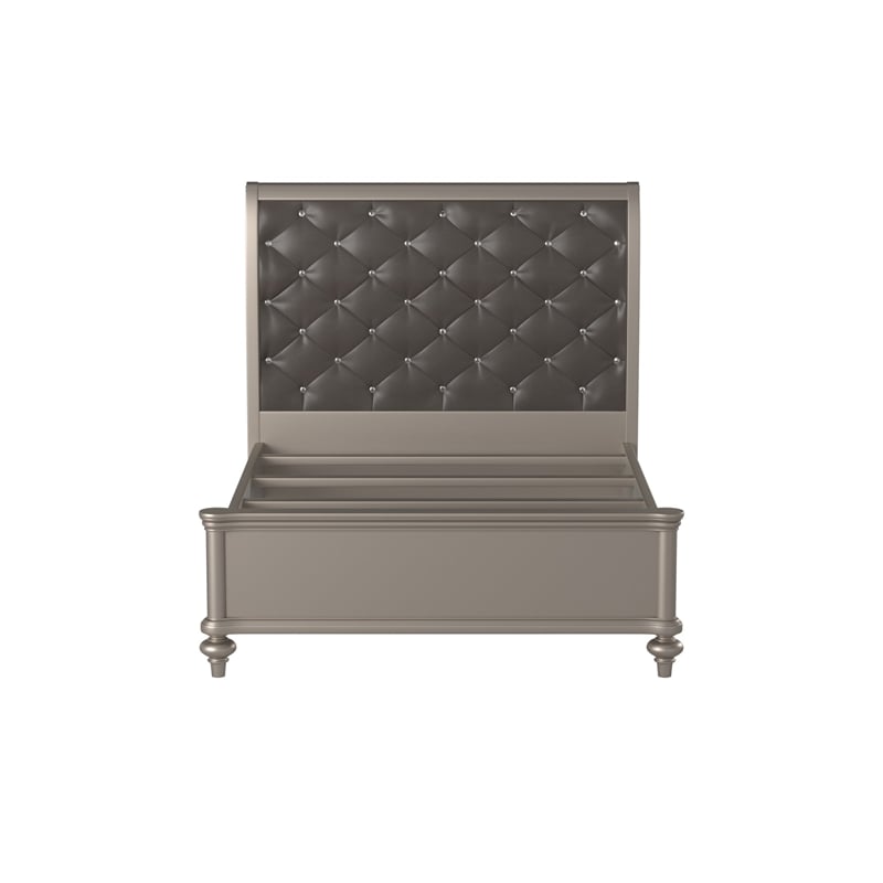 Bowery Hill Wooden Queen Bed with Silver PU Tufted Headboard in Silver
