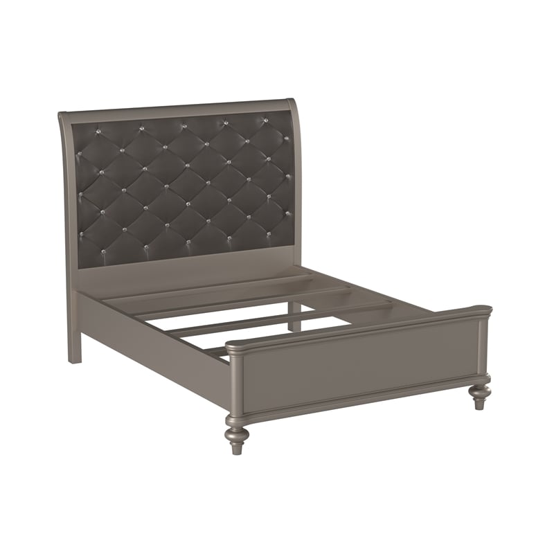 Bowery Hill Wooden Queen Bed with Silver PU Tufted Headboard in Silver