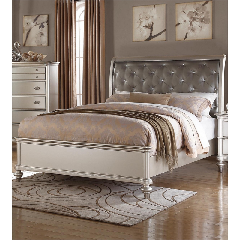 Bowery Hill Wooden Eastern King Bed Silver PU Tufted Headboard in Silver