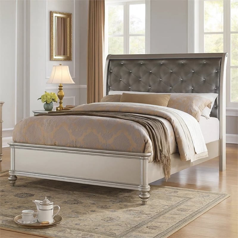 Bowery Hill Wooden Eastern King Bed Silver PU Tufted Headboard in Silver