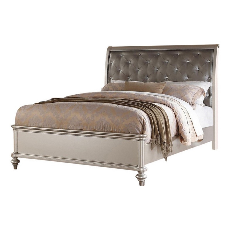 Bowery Hill Wooden Eastern King Bed Silver PU Tufted Headboard in Silver