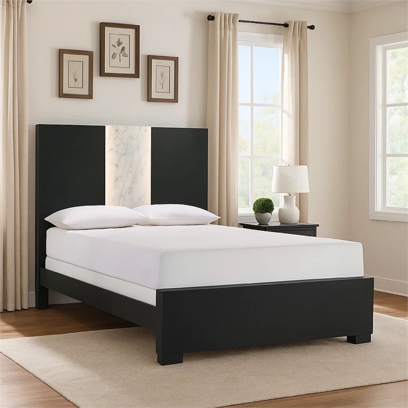 Bowery Hill King Panel Bed Built In Light White Marble Trim in Black Wood
